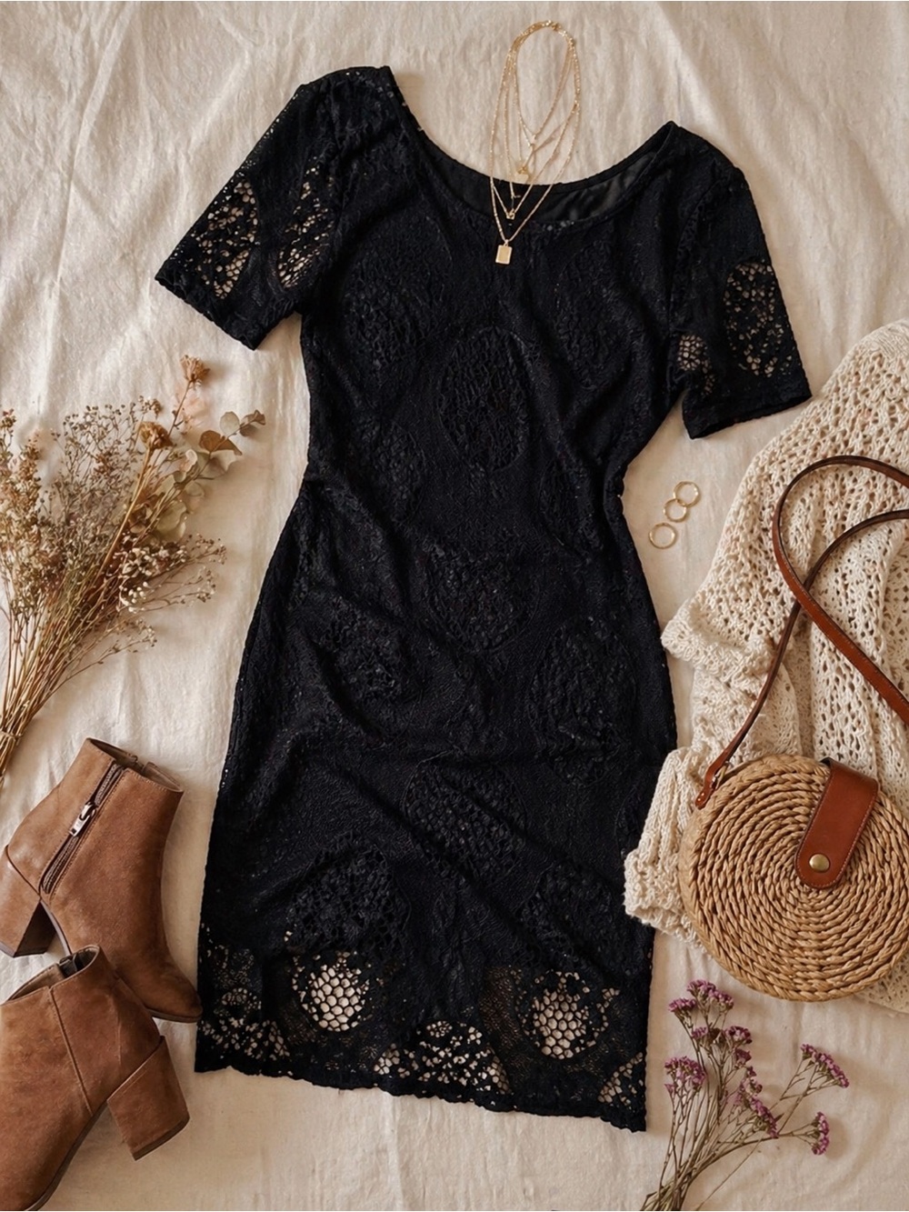 Black Lace Open Back Dress Small Boho Romantic Crochet Mini Midi LBD Cotton